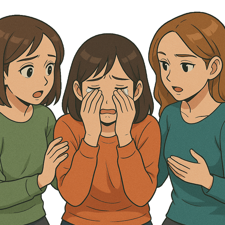 Two friends consoling a lady using Tagalog grammar and English words. This is how a typical Tagalog sentence looks like in everyday use, showing how Filipinos communicate in casual settings.