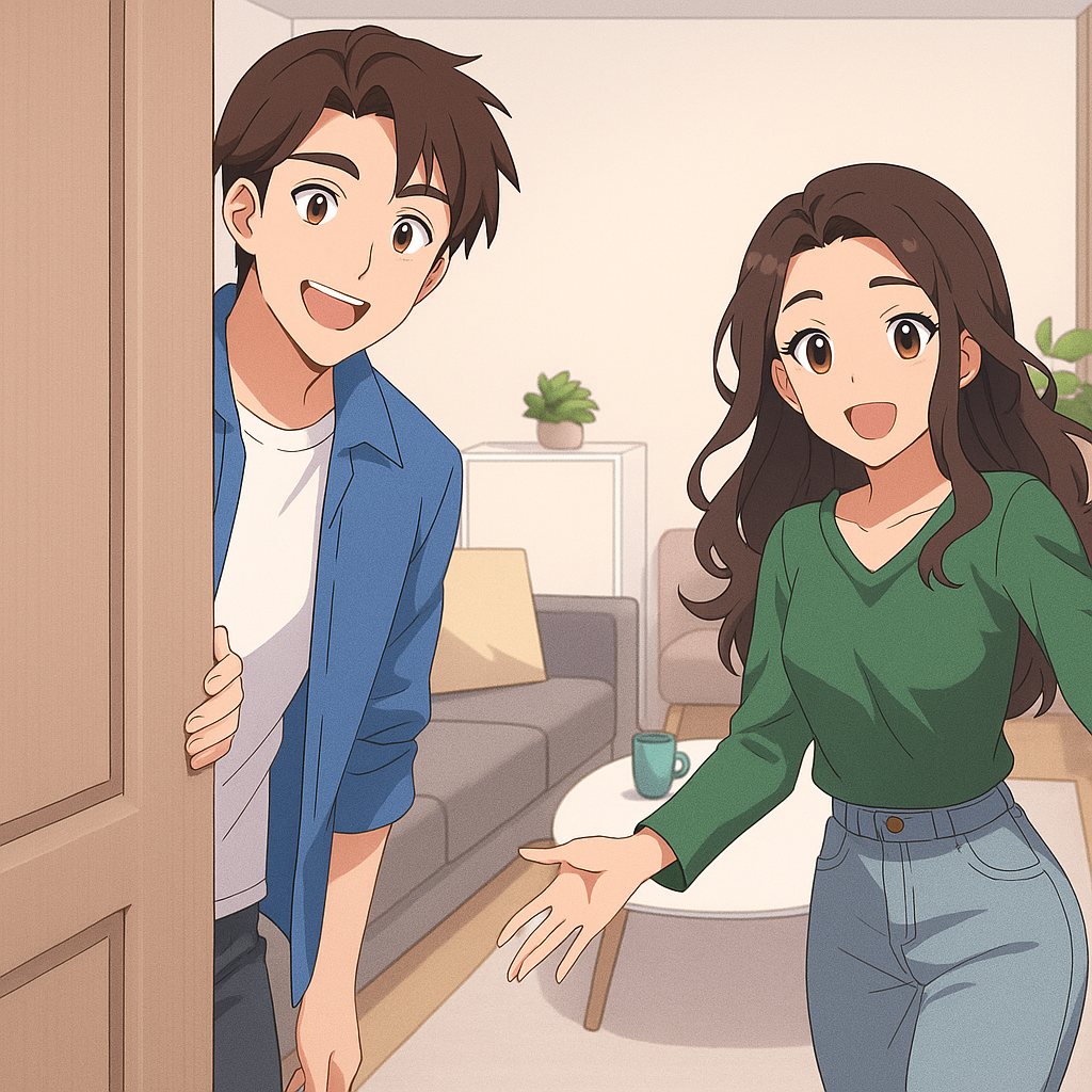 Anime-style man and woman smiling and inviting the viewer into a cozy living room
